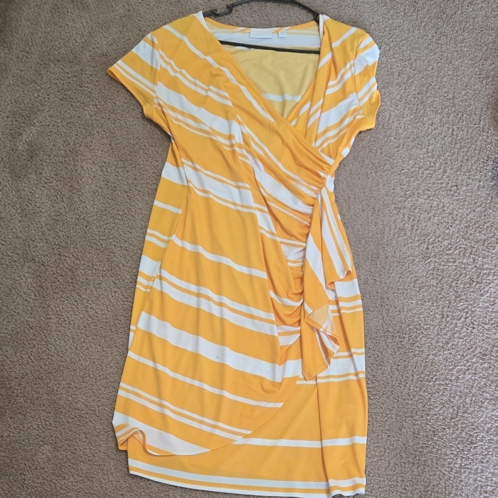 Yellow and White Striped Wrap Dress